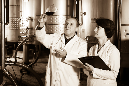 Positive wine maker shows to expert in white coat a glass of red wine on winery. Focus on manの写真素材