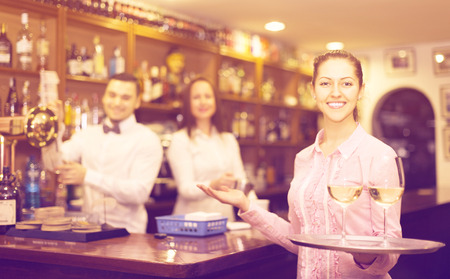 Positive brunette waitress and barmen working in modern barの写真素材