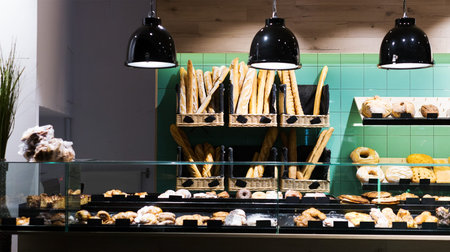 Modern design of bakery counter with bright lamps and glass showcase