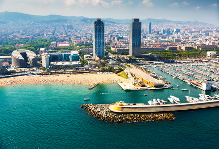 aerial view of docked yachts in Port. Barcelona, Spainのeditorial素材
