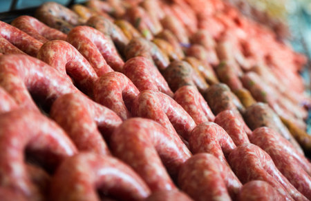 counter with assort of sausage, close up shot local focus