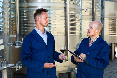 Two male employees checking  quality of wine in glass and taking notes on winery manufactoryの写真素材