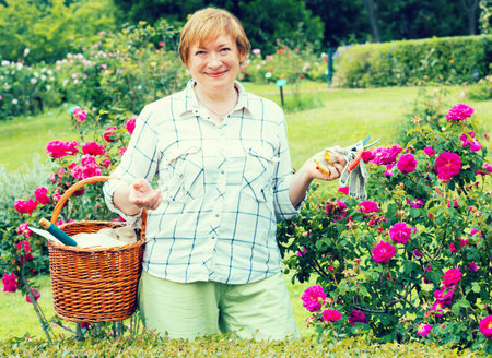 portrait of cheerful retiree woman with basket and gardening tools standing outdoors