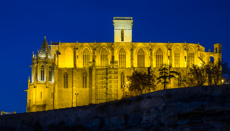 Basilica of Santa Maria de la Seu with evening lights in Manresaのeditorial素材