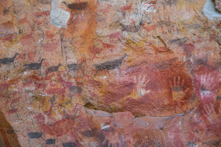 Famous series of caves Cueva de las Manos with paintings of hands in Argentinaのeditorial素材