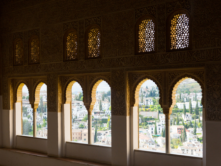 GRANADA, SPAIN - MAY 13, 2016: Windows of   Nasrid Palaces, Alhambra.  Granada,  Spainのeditorial素材