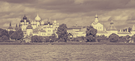 Rostov Kremlin cityscape outstanding on waterfront of lake Neroのeditorial素材
