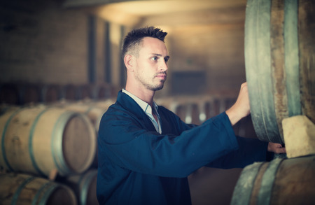 Young man wearing uniform standing and labeling woods in winery cellarの写真素材