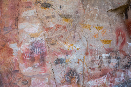 Rock drawings and handprints in caves of Cueva de las Manos, Santa Cruz, Patagonia, Argentinaの写真素材