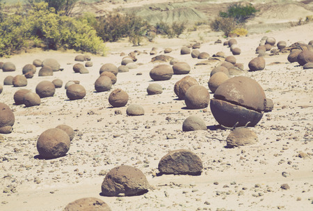 Stone landscape and natural stone formations in Ischigualasto Provincial Park, north-western Argentinaの写真素材