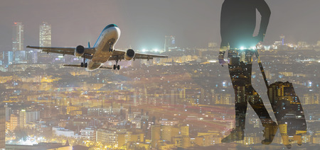 Outline of traveler figure with baggage with means of transportの写真素材