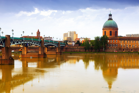 View of Saint-Pierre Bridge over Garonne river and Dome de la Grave in Toulouseの写真素材