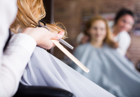 Hairdressing leveling and cutting hair to young blonde girl by means of scissors and hairbrush in salon.の写真素材