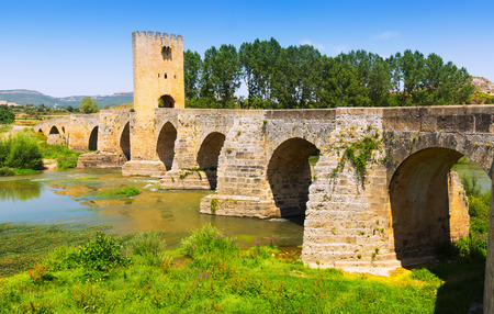 View of old stone bridge over Ebro. Frias, Province of Burgosの写真素材