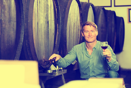 Portrait of cheerful man tasting wine before purchasing it in wineryの写真素材