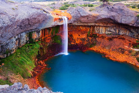 View on waterfall Salto del Agrio and Agrio river valley in Argentinaの写真素材
