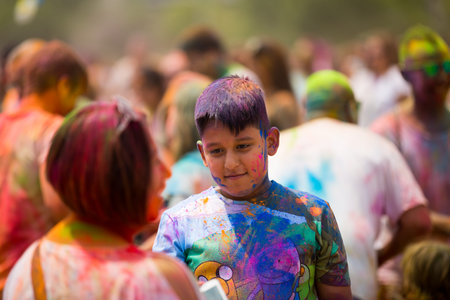 SANTA COLOMA DE GRAMENET, SPAIN - MAY 28, 2017: People celebrating coming of spring at Holi Festival...
