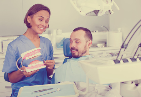 Orthodontist is telling about hygiene in hospitalの写真素材