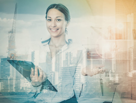 Smiling woman manager welcomes potential partners in business