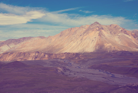 View on the Andean Mountains from valley near Las Lenas in Argentinaの写真素材