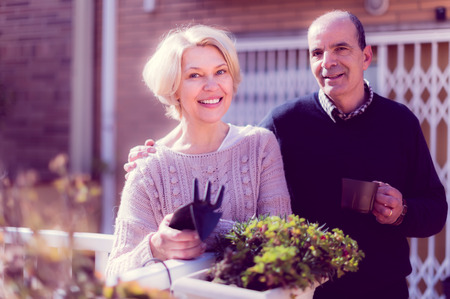 Joyful smiling elderly woman with horticultural sundry and aged man drinking tea in patioの写真素材