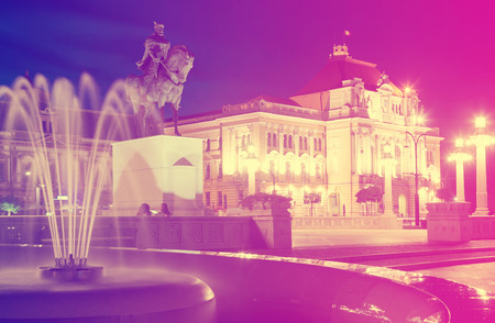 Night view of Union Square in Oradea, Romaniaの写真素材