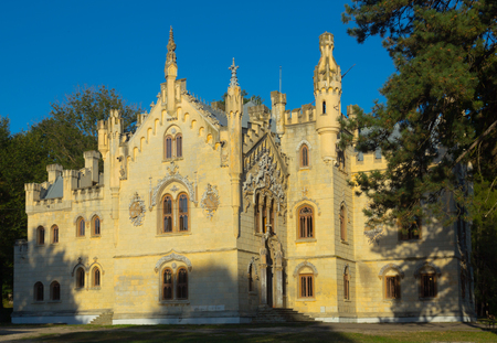 Landscape with neo-gothic Sturdza Castle in Miclauseni, Romaniaのeditorial素材