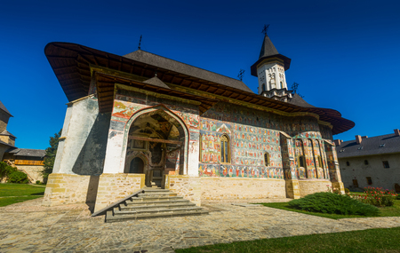 Church of Sucevita Monastery is masterpiece of Bucovina painted churchesの写真素材