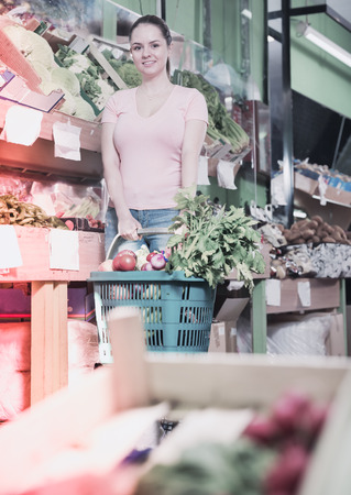 Young satisfied woman with basket filled with a fresh fruits and vegetables at the storeの写真素材