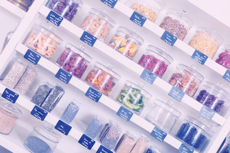 Illustration of showcase with dried fruits in the shop.