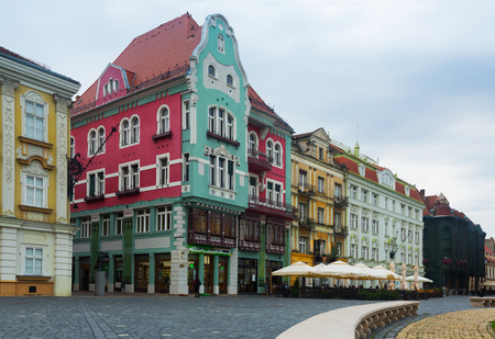 Colorful buildings in style baroque on Union Square (Piata Unirii) in Timisoara , Romaniaのeditorial素材