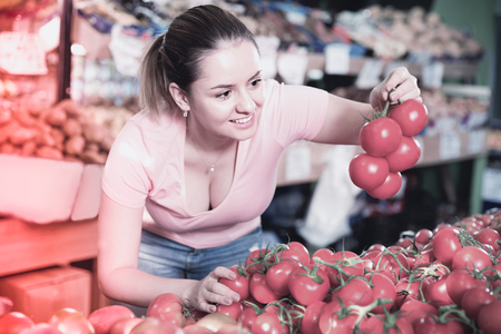 Young happy  positive smiling attractive woman choosing tomatoes in greengroceryの写真素材