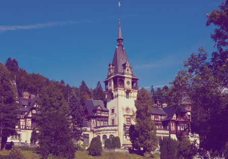 Famous Peles Castle located on medieval path connecting Transylvania and Wallachia, Romaniaの写真素材