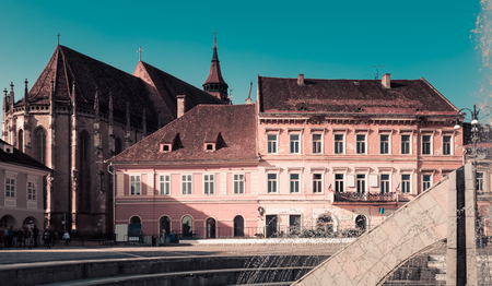 View of Black Church from city council square, Brasov, Romaniaの写真素材
