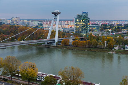 BRATISLAVA, SLOVAKIA - NOVEMBER 03, 2017: Aerial view of Bratislava with famous Bridge SNP in autumn dayのeditorial素材