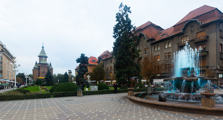 TIMISOARA, ROMANIA - SEPTEMBER 25, 2017: Impressive architecture of buildings on Victoriei Squareのeditorial素材