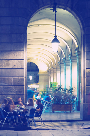Nightlife of popular lively Placa Reial in Barcelona, Spainの写真素材