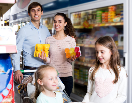 Successful parents with two daughters buying fruit yoghurt and pudding の写真素材