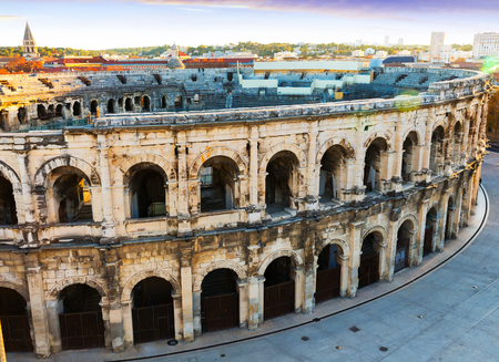 Exterior of Arena of Nimes, ancient Roman amphitheater in Franceの写真素材