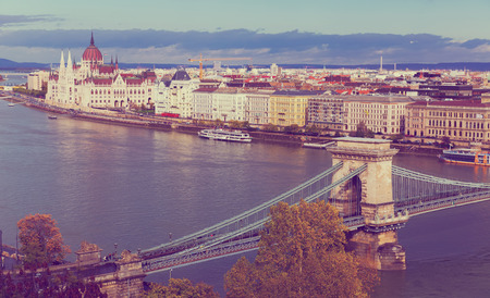 Panorama with Chain Bridge and Parliament of Budapest outdoors.の写真素材