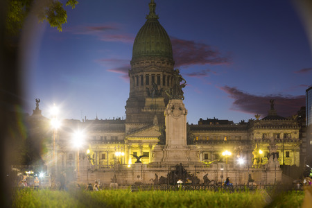 National Congress of Argentina Palace and monument of two congresses with night illumination, Congress Square, Buenos Airesの写真素材