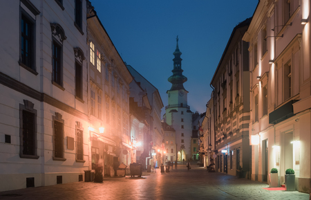 Michael Gate is historical landmark of Bratislava in night light outdoor.の写真素材