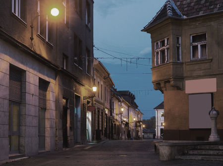 View on night streets of Gyor is colorful landmark of Hungary outdoors.の写真素材