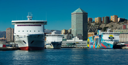 GENOVA, ITALY - DECEMBER 4, 2017: Image of  view of old port of Genova city with boats at quay, Italyのeditorial素材