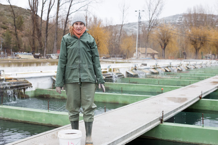 Young female worker feeding fish on sturgeon farm の写真素材