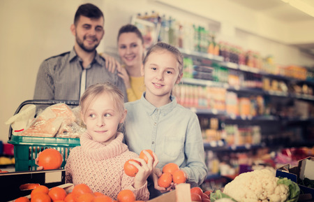 Smiling little girl choosing fresh mandarins while shopping with parents in food storeの写真素材