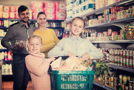 Smiling little kids holding basket filled products while shopping with parents in supermarketの写真素材