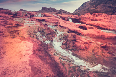 General view on waterfall Salto del Agrio and Agrio river in Argentinaの写真素材