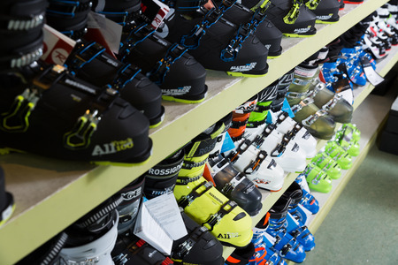 BARCELONA, SPAIN - FEBRUARY 6, 2018: Shelves with ski boots in modern store of sports equipmentのeditorial素材