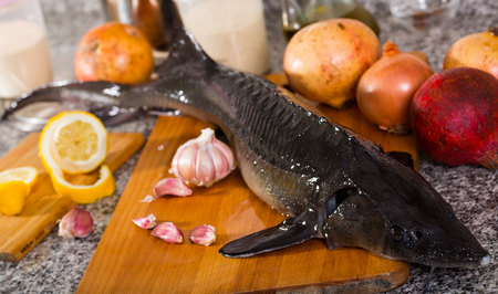 Fresh sturgeon with pomegranates, lemon, onion and garlic on stone kitchen tableの写真素材